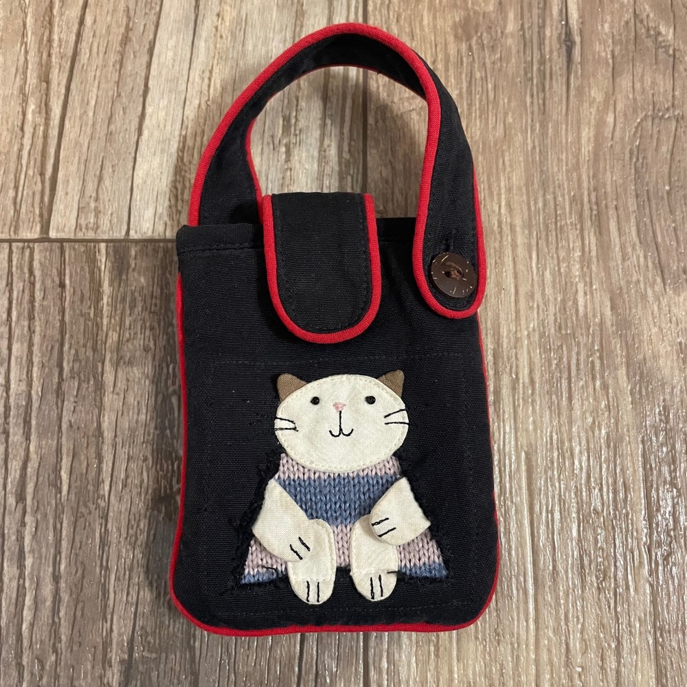 Hikosen Cara Cat Applique Mini Pouch Bag Black Red Fabric Phone‎ Case Holder